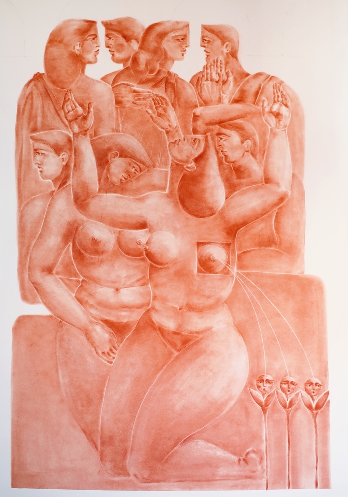 Dessin en tons rouge terre représentant un groupe de figures humaines imbriquées. Plusieurs visages de profil et de face s’entrelacent autour d’un corps central féminin, avec des mains, des formes géométriques et des motifs répétitifs.