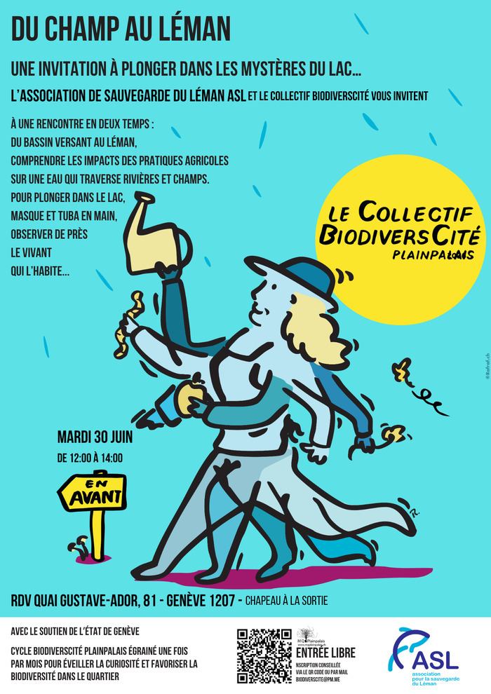 Un personnage sur un fond bleu, rappel au lac, parsemé de gouttes d'eau, va de l'avant (panneau : en avant) invitant à prendre attention à la biodiversité qui partage son territoire, portant arrosoir, lombric et fleur avec un soleil dans lequel est inscrit le nom du collectif BiodiversCité.