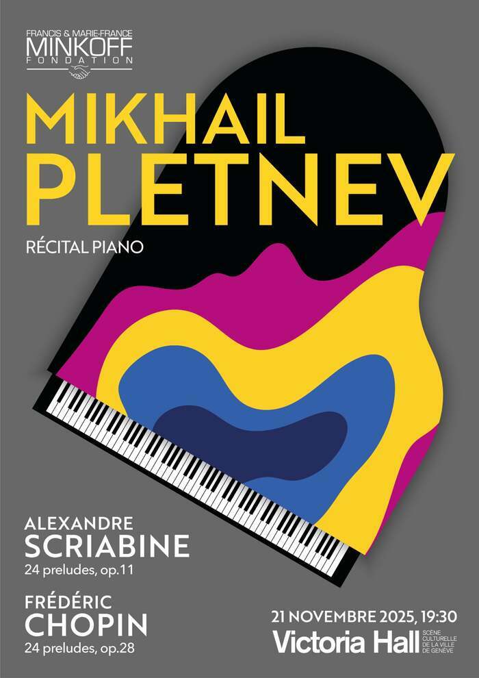 Affiche de la soirée montrant un piano et le nom de l’artiste Mikhaïl Pletnev, ainsi que les œuvres qui seront jouées.