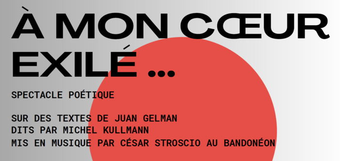 Titre du spectacle sur un fond gris et un rond rouge