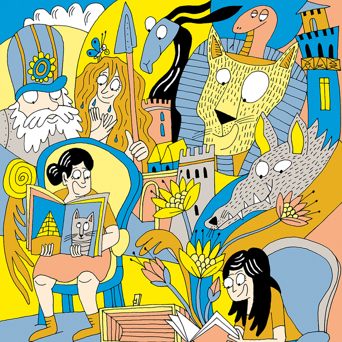 Illustration d'Adrienne Barman représentant un groupe d'enfants assis écoutant une histoire