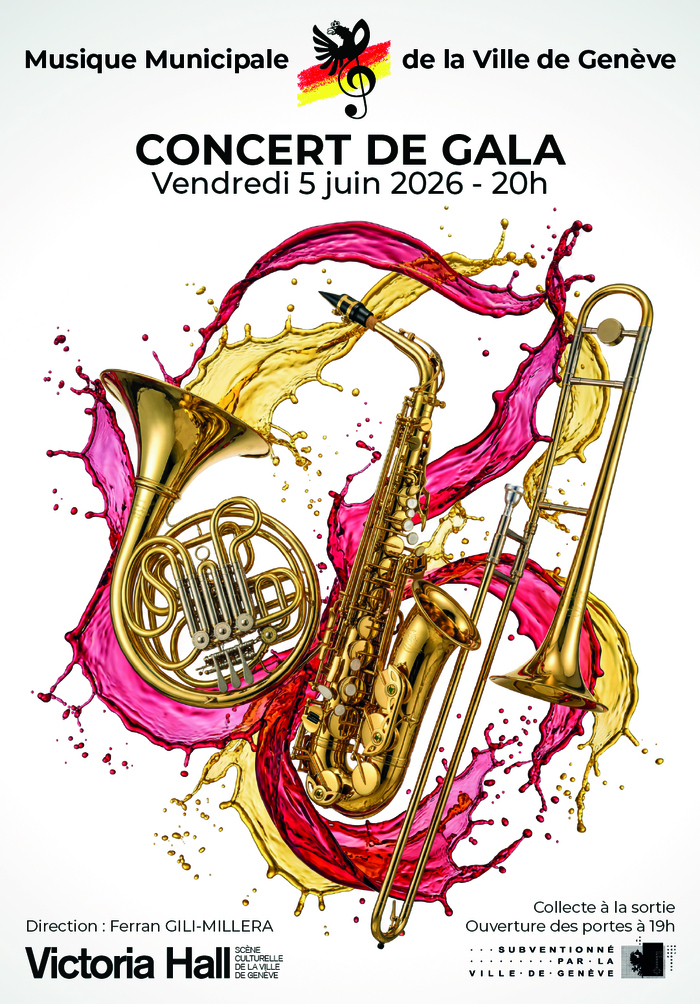 Affiche de la soirée avec un cor, un saxophone et une trompette