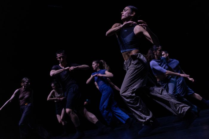 Sur cette image, il y a 7 danseuses et danseurs en train d'effectuer tous ensemble le même mouvement de danse, jambes gauche croisée devant la jambe droite, avec les mains en contact au niveau de leur poitrine.