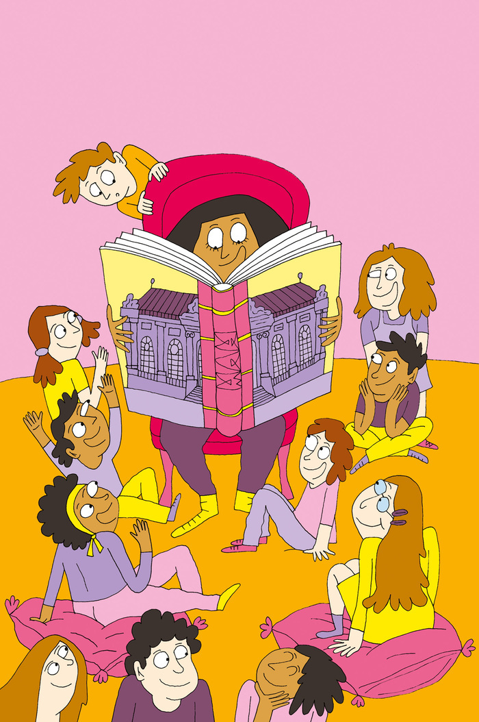 Illustration d'Adrienne Barman représentant un groupe d'enfants assis écoutant une histoire