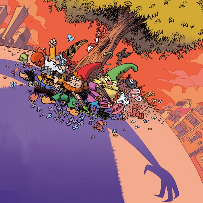 illustration couleur, mains, gnomes, arbre