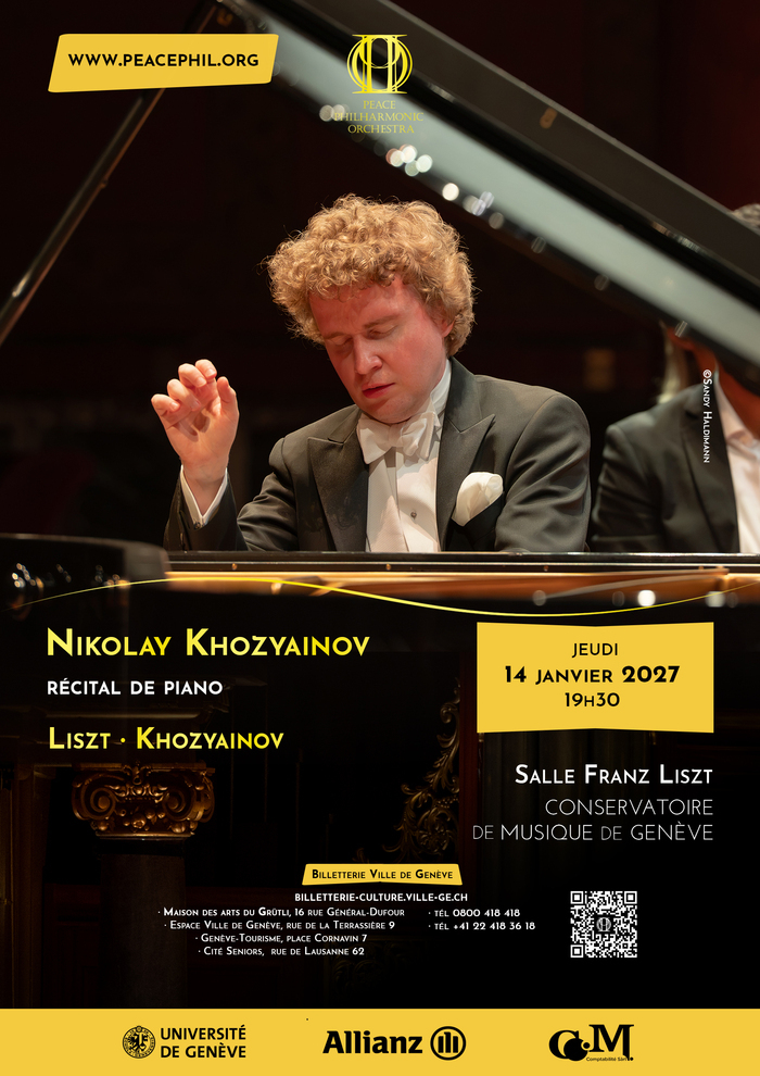 L'affiche du récital de piano de Nikolay Khozyainov du 14 janvier 2027, consacré à des œuvres de Franz Liszt, ainsi qu’à ses propres compositions pour piano, dont plusieurs seront données en première mondiale.