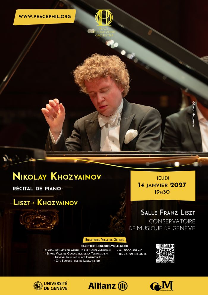 L'affiche du récital de piano de Nikolay Khozyainov du 14 janvier 2027, consacré à des œuvres de Franz Liszt, ainsi qu’à ses propres compositions pour piano, dont plusieurs seront données en première mondiale.