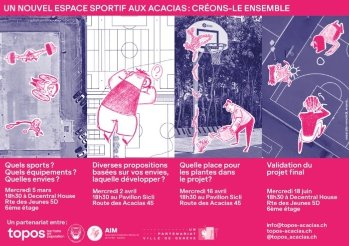 Topos Copie d'un flyer présentant le nouvel espace sportif. Tonalité rose et violette, des personnages dessinés par-dessus des photos de l'espace font différents sports.