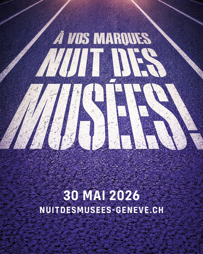 Sur une piste de course de stade bleue, le texte À vos marques, prêtes, prêts? Musées y est inscrit