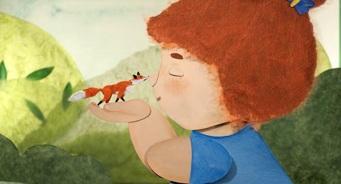 dessin avec un enfant qui tient dans la main un renard minuscule, nez contre museau