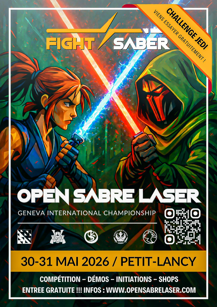 Une femme croise son arme laser bleu avec celle rouge d'un combattant masqué.