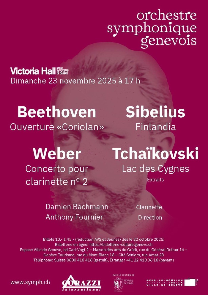 Affiche de la soirée sur un fond rouge vin, information des oeuvres qui seront jouées et des artistes.