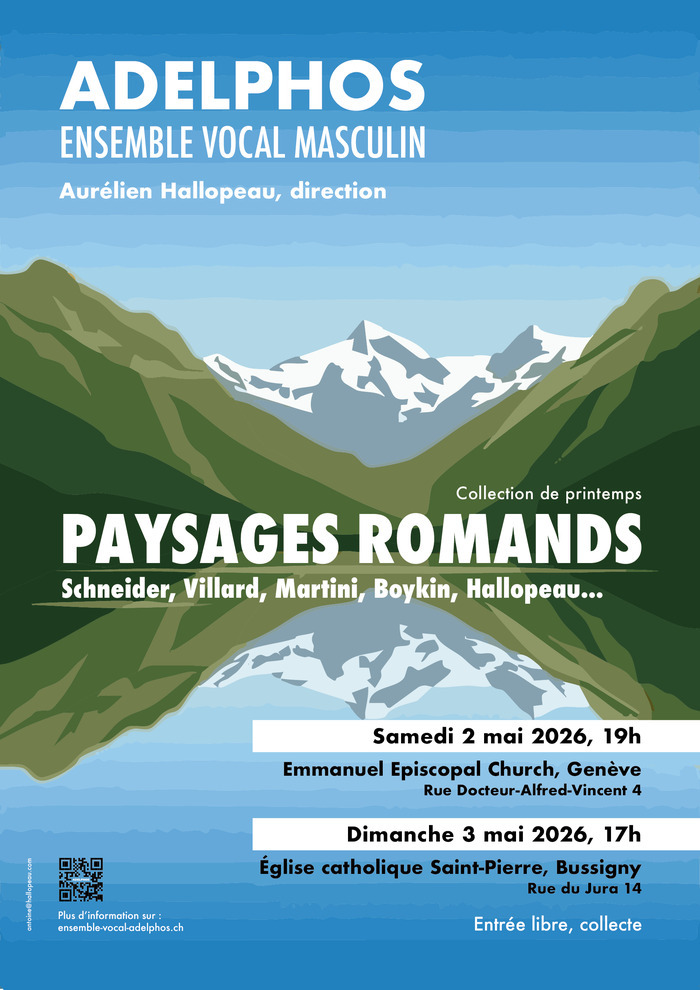 Dessin d'un paysage alpin qui se reflète sur le Léman