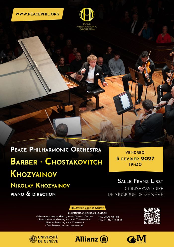 L'affiche du concert du 5 février 2027 du Peace Philharmonic et Nikolay Khozyainov qui interprétent l’Adagio de Barber, le Concerto pour piano n° 1 de Chostakovitch, ainsi que l’Intermezzo et le Concerto pour piano de Nikolay Khozyainov.
