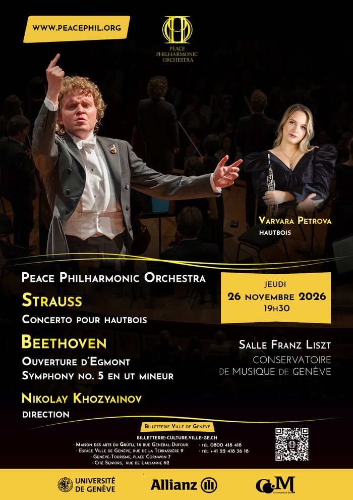 L'affiche du concert du Peace Philharmonic du 26 novembre 2026. Nikolay Khozyainov, direction. Varvara Petrova, hautbois