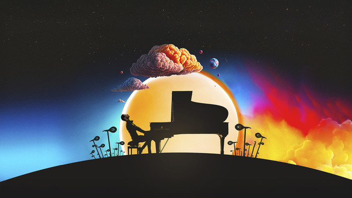 Visuel de la tournée 2026 (dessin de l'artiste au piano sur une colline avec une plein lune en arrière plan