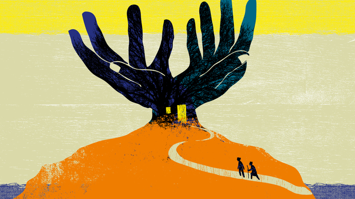 Deux personnage se dirigent en haut d'une montagne jusqu'à un arbre