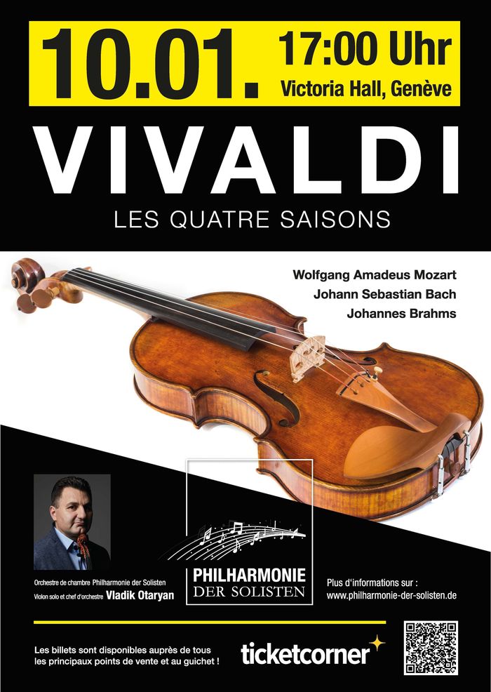 Image promotionnelle de la Philharmonie der Solisten montrant le chef d'orchestre et un violon, le logo de l’orchestre et le texte «Le meilleur de toutes les époques – du baroque à la musique moderne».
