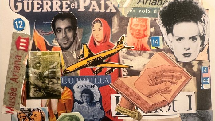 Un collage d'images diverses. Le titre Guerre et Paix, le mot Musée Ariana, le texte Ludmilla Ma mère. Des mains, des visages.