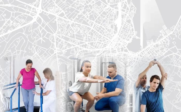 Image de la carte de la ville de genève en arrière-plan et des physios en avant