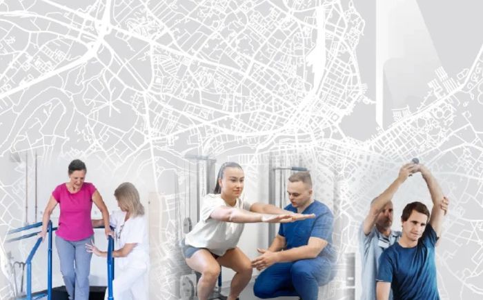 3 personnes prises en charge par des physiothérapeutes, accomplissant des exercices, devant une carte du canton de Genève en toile de fond