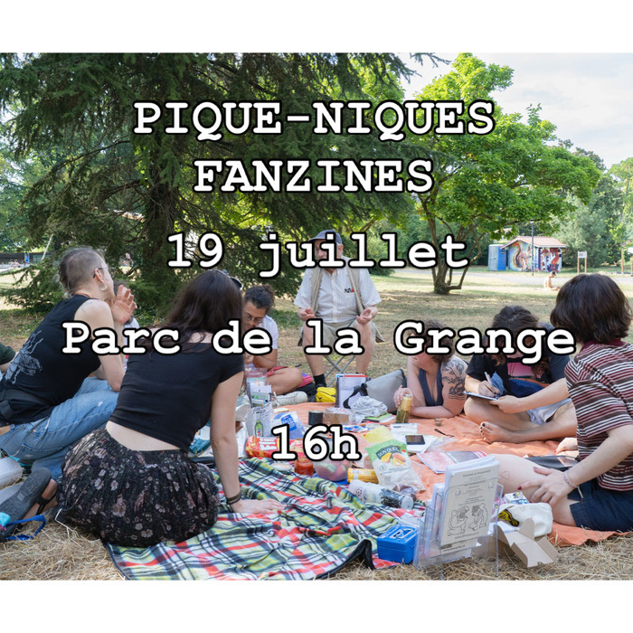 Groupe de personnes lisant dans un parc, infos de l'événement en surimpression