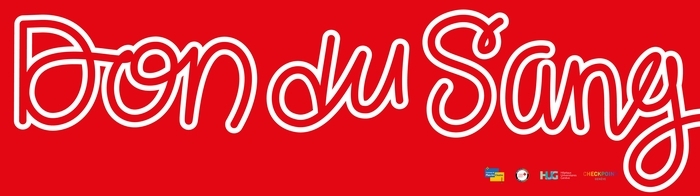 Sur un don rouge écrit en blanc : Don du sang avec les logos des partenaires