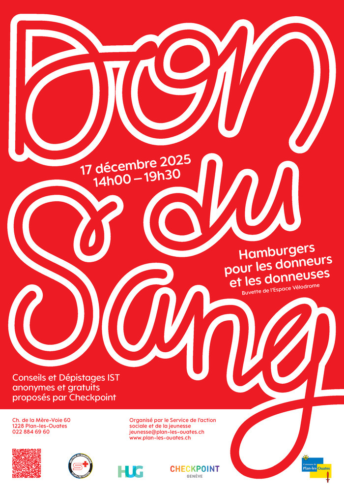 Sur un don rouge écrit en blanc : Don du sang avec les logos des partenaires