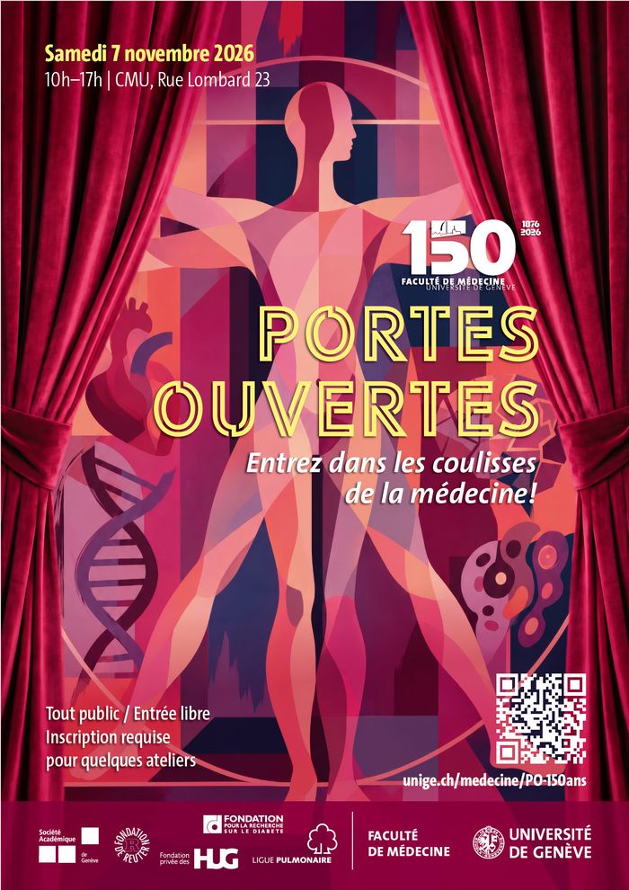 Image colorée sous forme de dessin. Corps humain et éléments en lien avec la médecine (cœur, ADN...)  qui apparaissent derrière un rideau de théâtre qui s'ouvre.