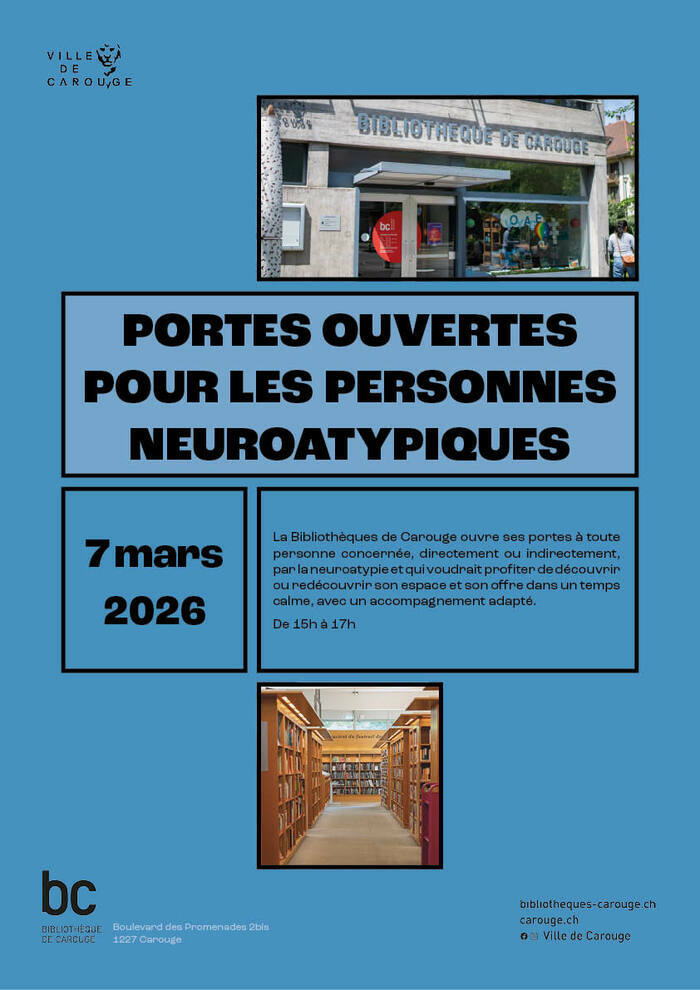 Une première image avec la devanture de la bibliothèque de Carouge et une deuxième image avec les rayonnages contenant les livres de la bibliothèque.