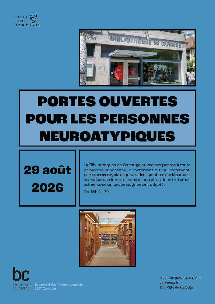 Entrée de la bibliothèque de Carouge et des rayonnages avec les livres.