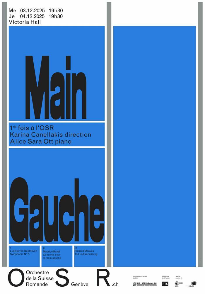 © Mathias Bothor Affiche de la soirée mentionnant Main Gauche en noir gras sur un fond bleu et les informations sur la direction et soliste de la soirée