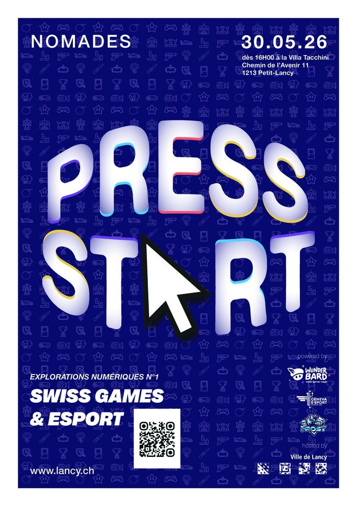 Nom de l'événement PRESS START avec fond icônes jeux vidéos