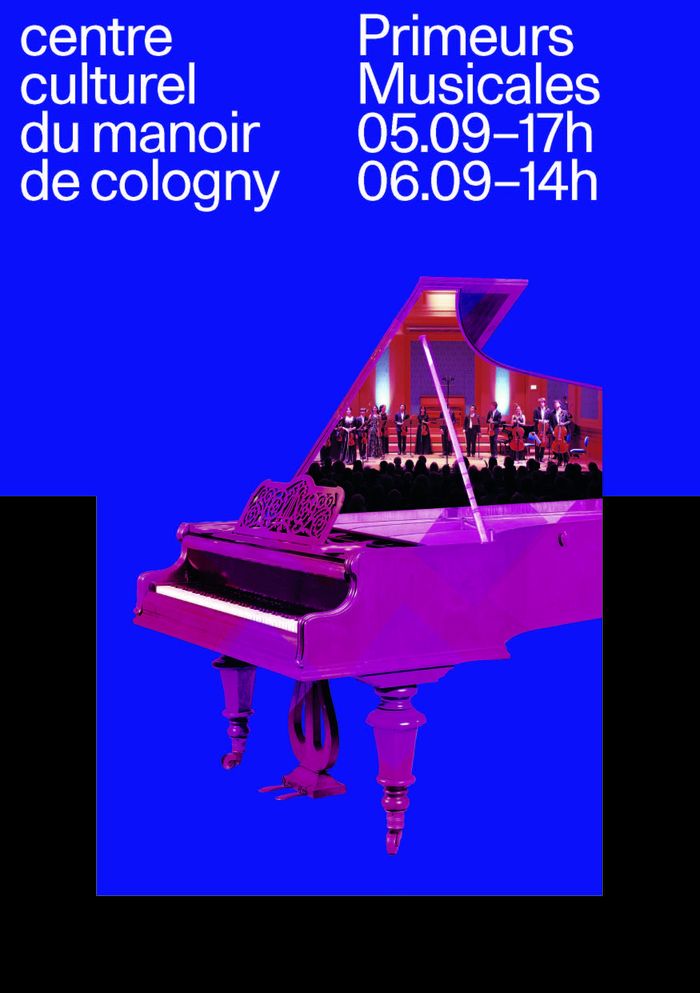 Affiche de l'énénement: piano à queue rose, ouvert avec une photo de musiciens saluant le public sur l'intérieur du piano