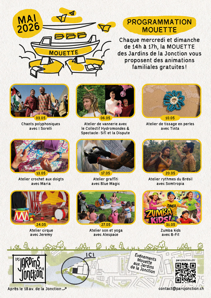 affiche qui présente les images et intitulés des 9 événements de la Mouette au jardins de la Jonction