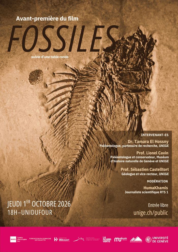 Affiche de l'avant-première, comprenant une photo d'un poisson fossile et les informations utiles de l'événement.