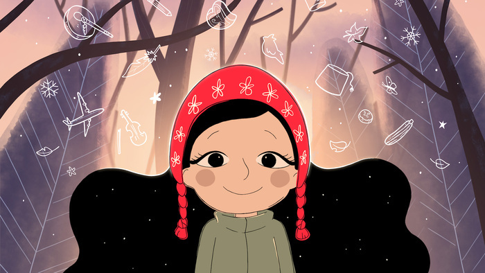 © FIFDH25 illustration d’une jeune fille souriante portant un foulard rouge à fleurs et des tresses, sur un fond de forêt stylisée. Autour d’elle flottent des dessins d’objets symboliques (livre, guitare, avion, lune, étoile…).