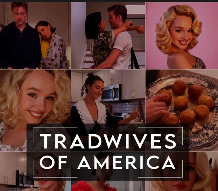 Titre « Tradwives of America », avec des photos de femmes, de repas parfaits et de couples mariés.