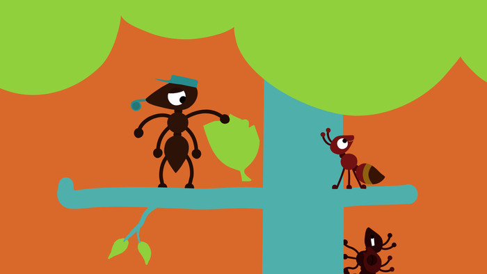 dans le dessin dans les tons de l'orange, du bleu et du vert, une fourmi avec un sifflet dans la bouche