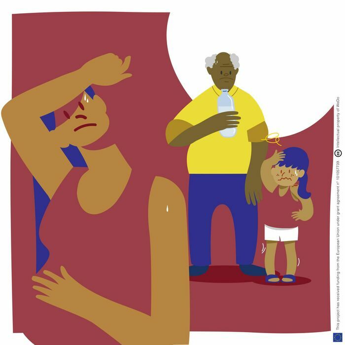 Trois personnes souffrent de la chaleur : une femme en sueur, un homme âgé avec une bouteille d’eau et une fillette qui se sent mal.