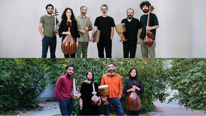 Montage photo des deux groupes qui posent avec leurs instruments
