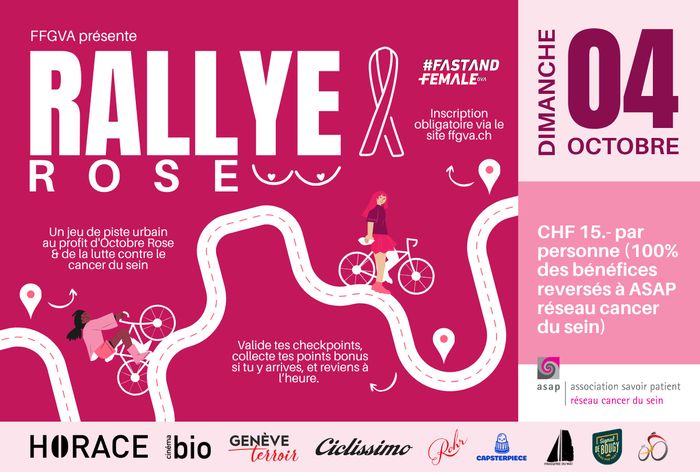 Flyer annonçant l'événement du Rally Rose. Un rallye cycliste et solidaire visant à collecter des fonds pour lutter contre le cancer du sein dans le cadre d'octobre rose. Rallye ouvert à toutes et à tous, jeune et moins jeunes, tout type de vélo autorisé.