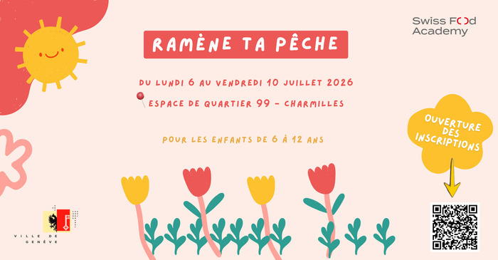 Information camp d'été, Ramène ta pêche, pour les 6 à 12 ans. Du lundi 6 juillet au vendredi 10 juillet 2026. A l'Espace de quartier des Charmilles.
