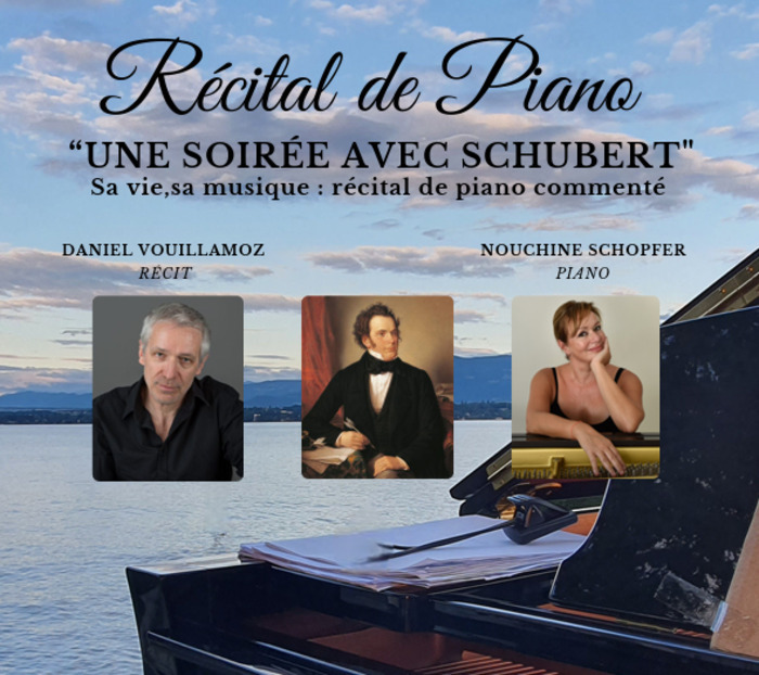 lac léman en arrière fond avec portrait de la pianiste, du commentateur et de schubert