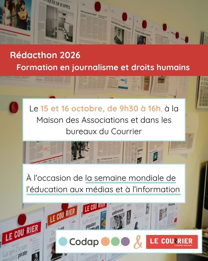 Des unes du Courrier affichées et un texte faisant la publicité de la formation Rédacthon 2026, Formation journalisme et droits humains. Le 15 et 16, de 09 à 16h30 à la maison des associations et dans les bureaux du Courrier. A l'occasion de la semaine mondiale de l'éducation aux médias et à l'information. Logo du Codap suivi du logo du Courrier