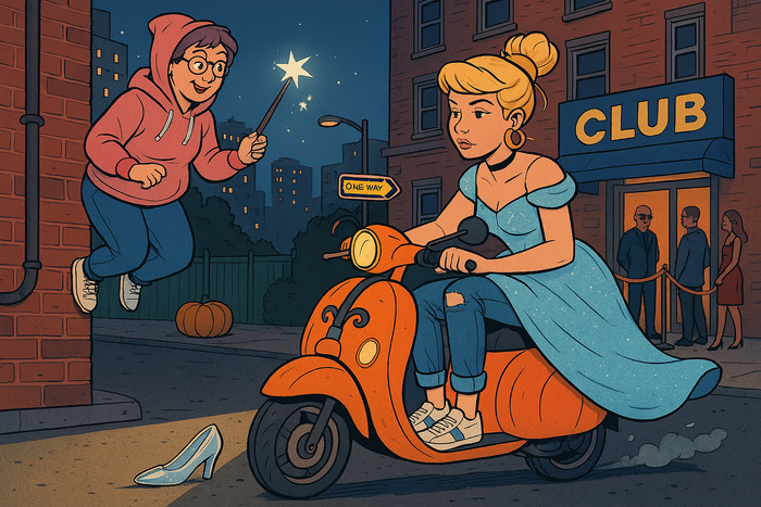 cendrillon en baskets sur un scooter