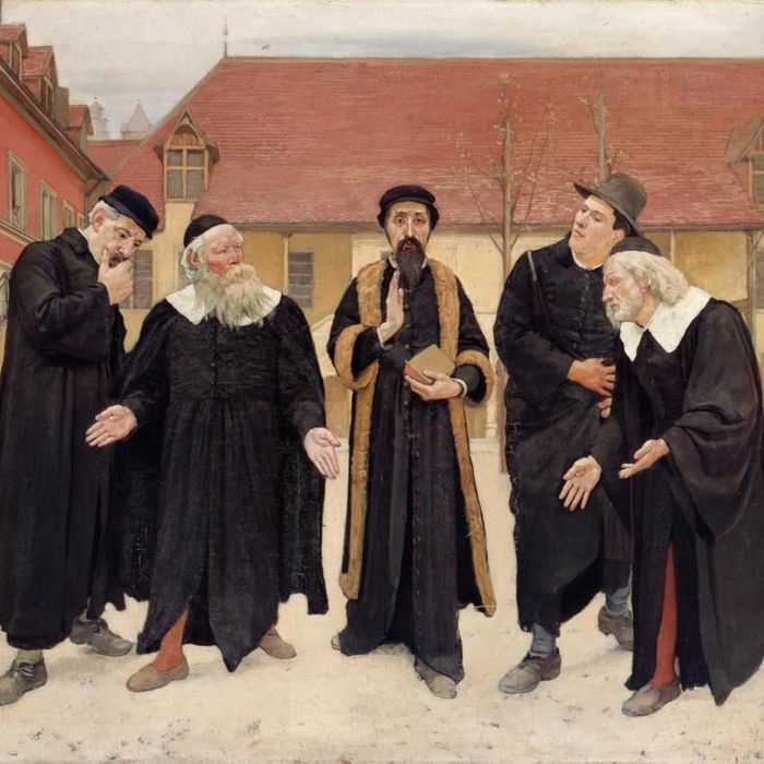 Tableau de Ferdinand Hodler "Calvin et les professeurs dans la cour du Collège de Genève"