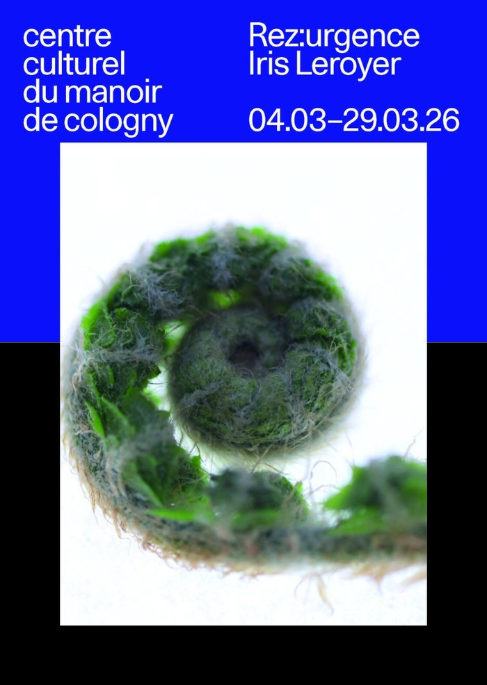 Affiche de l'exposition avec une oeuvre sur un fond bi-color