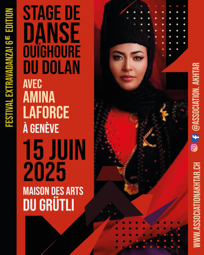 Amina Laforce en robe rouge pour annoncer son stage de danse ouïghoure à Genève le dimanche 15 Juin.