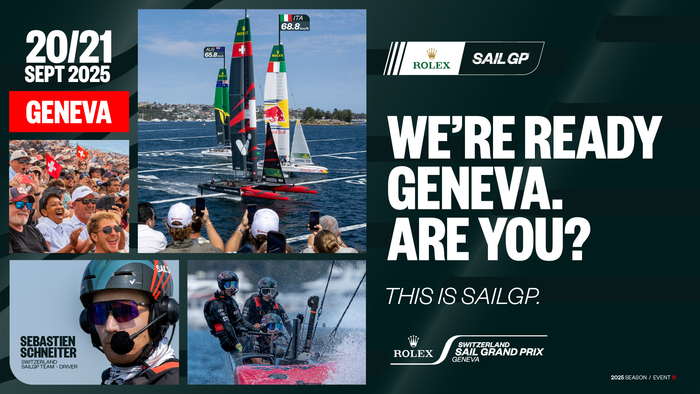 SailGP Artwork promoting SailGP, featuring f50 boats, Sebastian Schneiter, and cheering crowds.